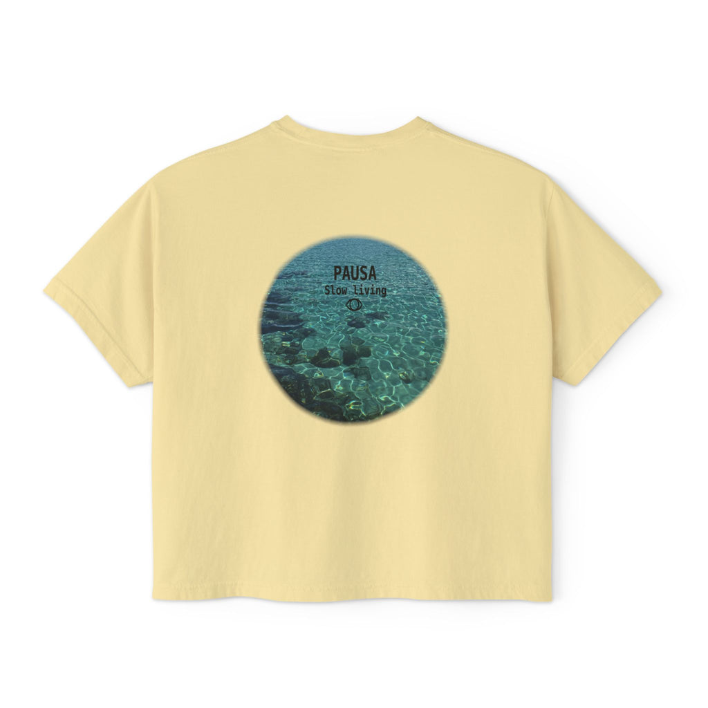Pausa Slow Living Boxy Tee — Women's Relaxed Ocean Circle Graphic Shirt