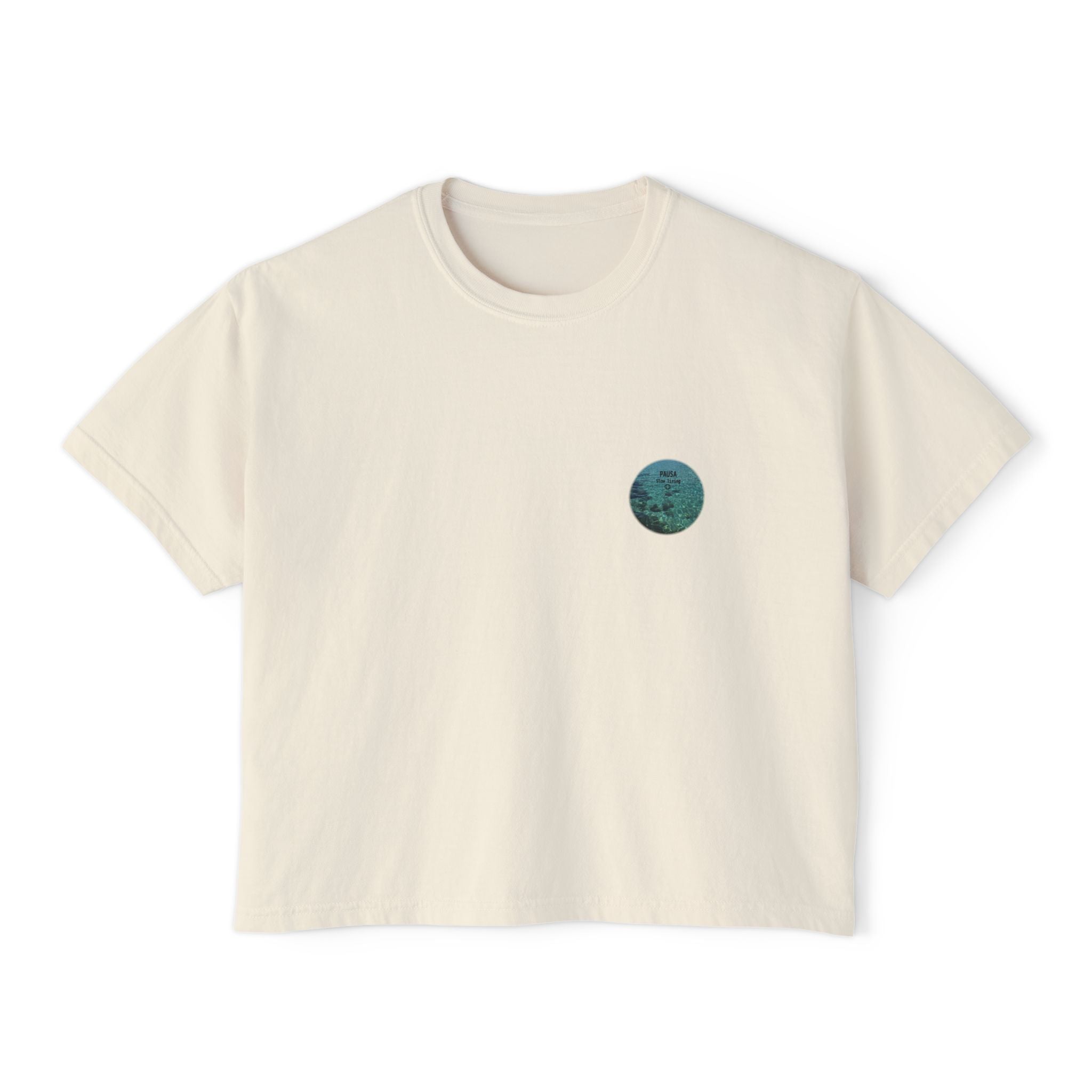 Pausa Slow Living Boxy Tee — Women's Relaxed Ocean Circle Graphic Shirt