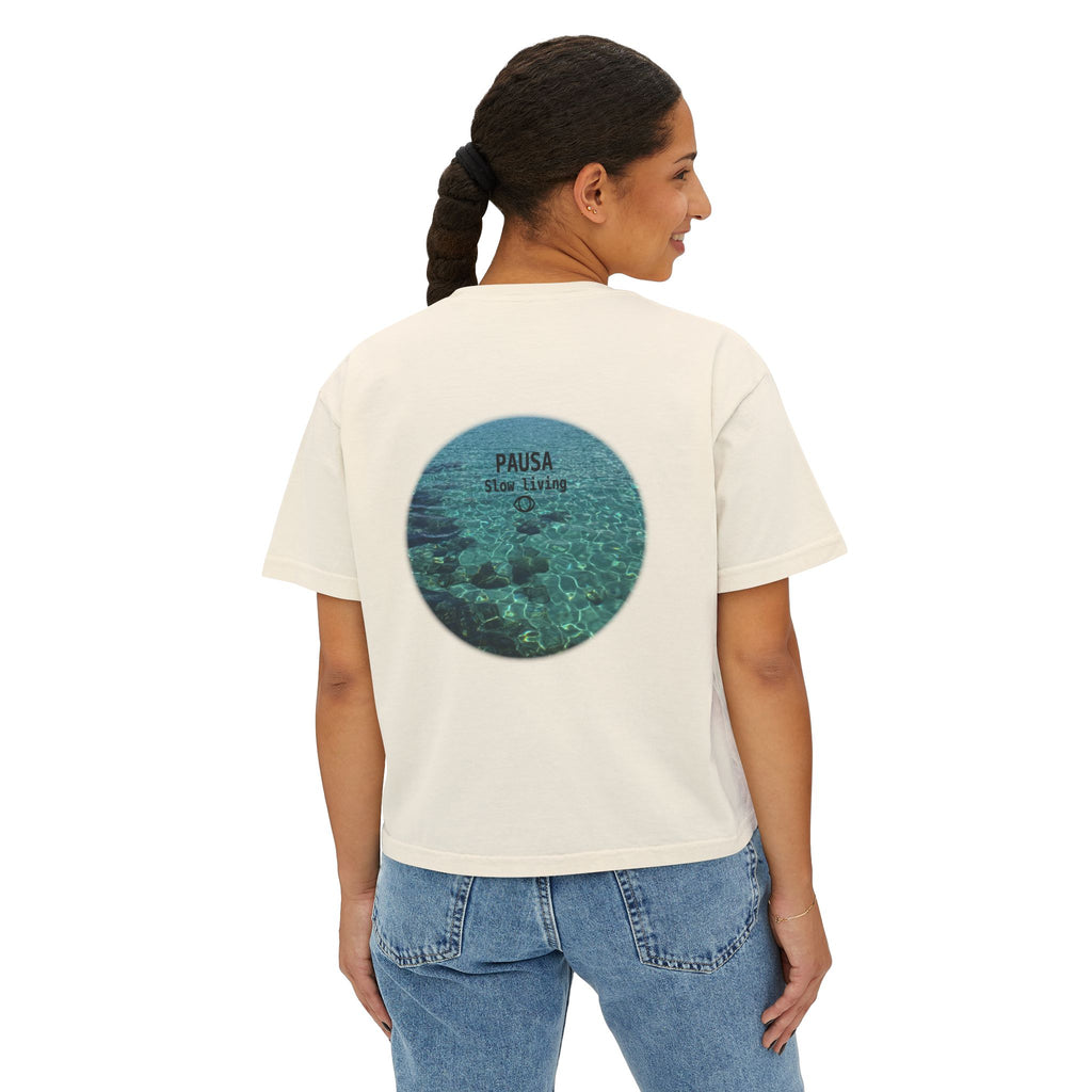 Pausa Slow Living Boxy Tee — Women's Relaxed Ocean Circle Graphic Shirt