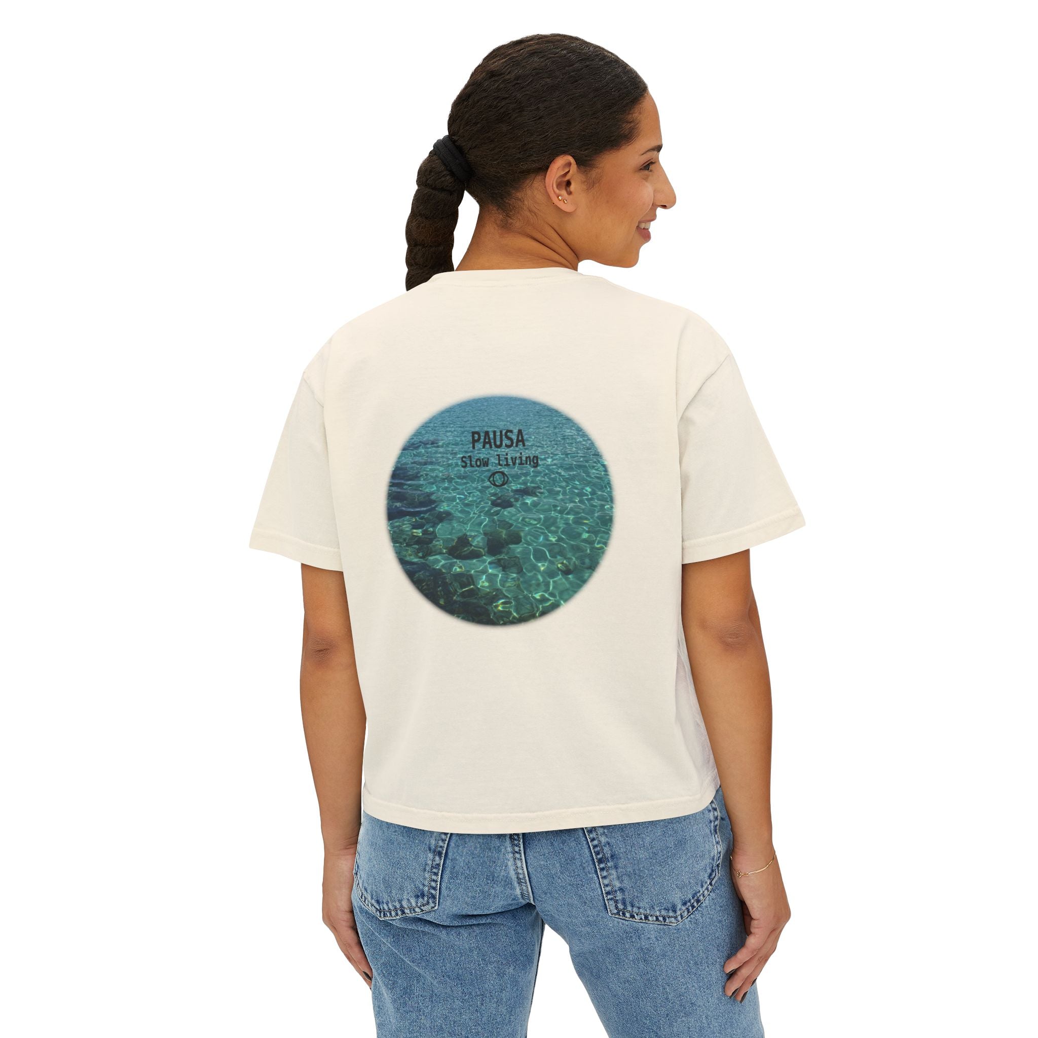 Pausa Slow Living Boxy Tee — Women's Relaxed Ocean Circle Graphic Shirt