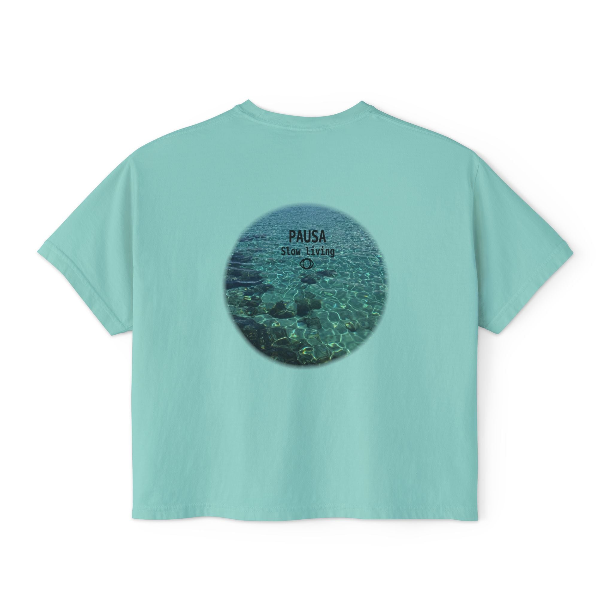 Pausa Slow Living Boxy Tee — Women's Relaxed Ocean Circle Graphic Shirt