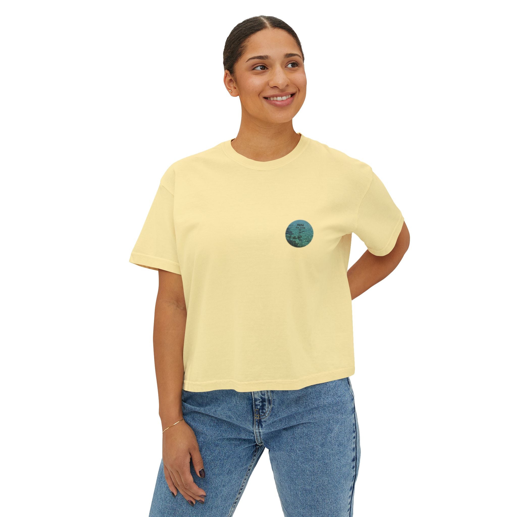 Pausa Slow Living Boxy Tee — Women's Relaxed Ocean Circle Graphic Shirt