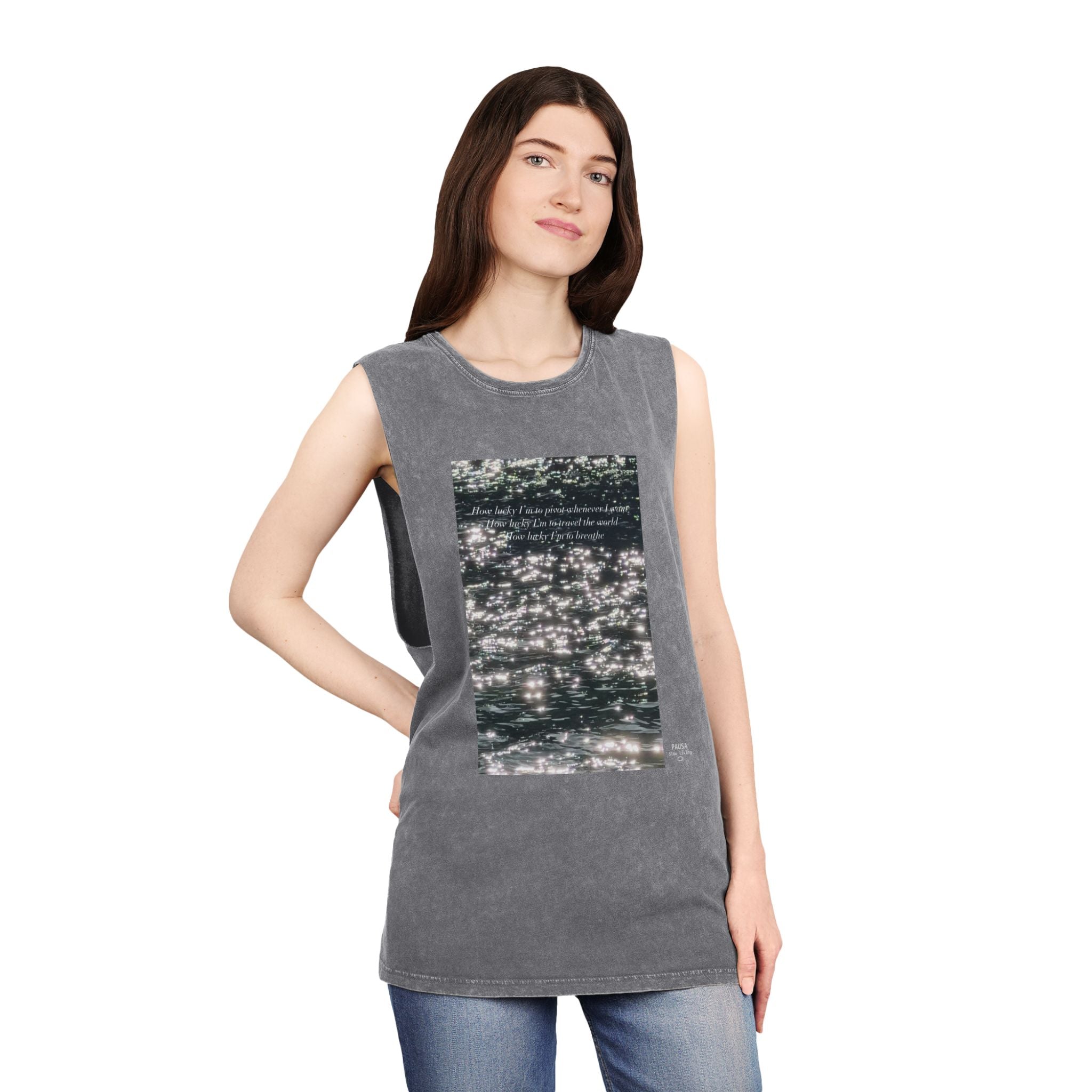 Sparkling Water Photo Tank Top — Inspirational Quote Stonewash Muscle Tee