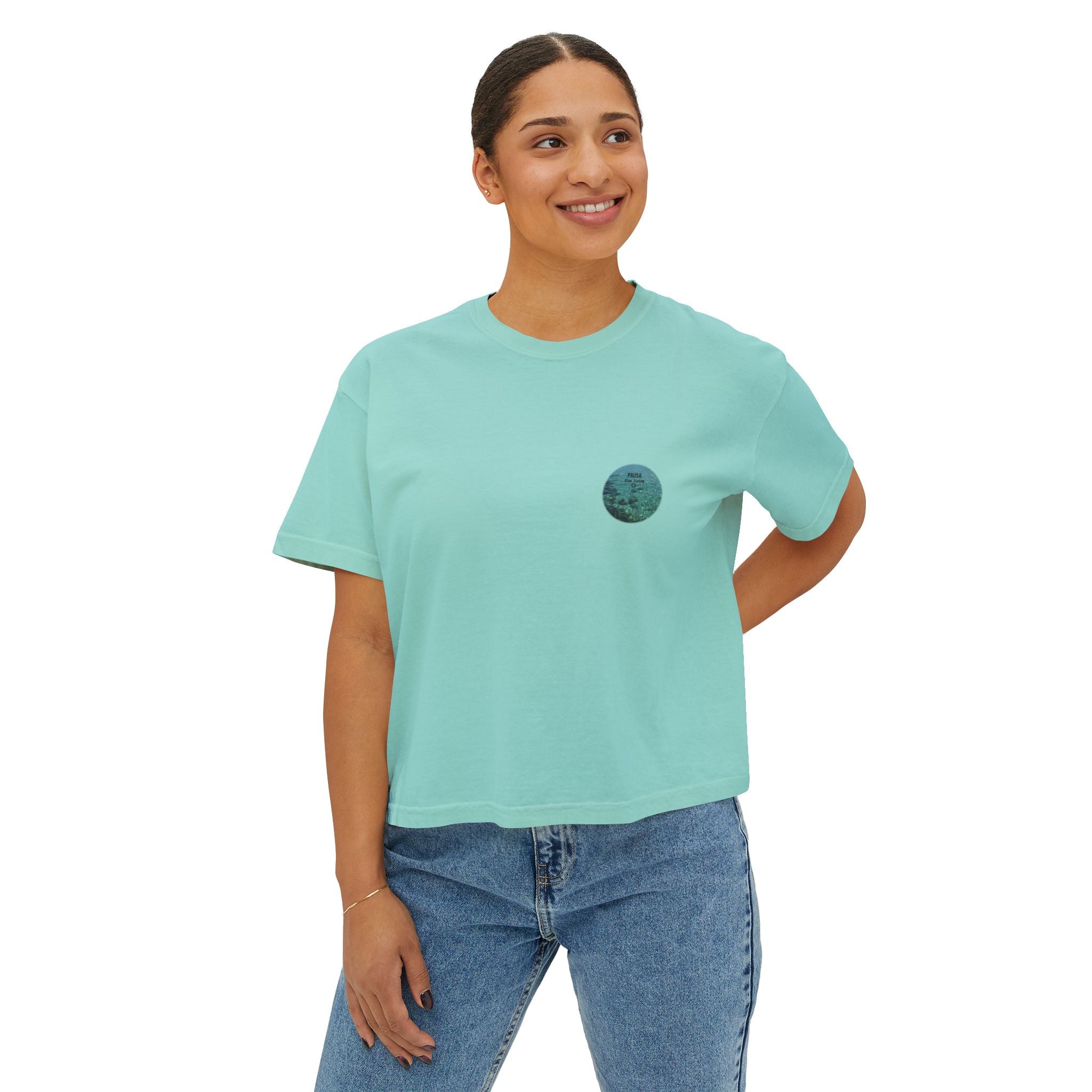 Pausa Slow Living Boxy Tee — Women's Relaxed Ocean Circle Graphic Shirt