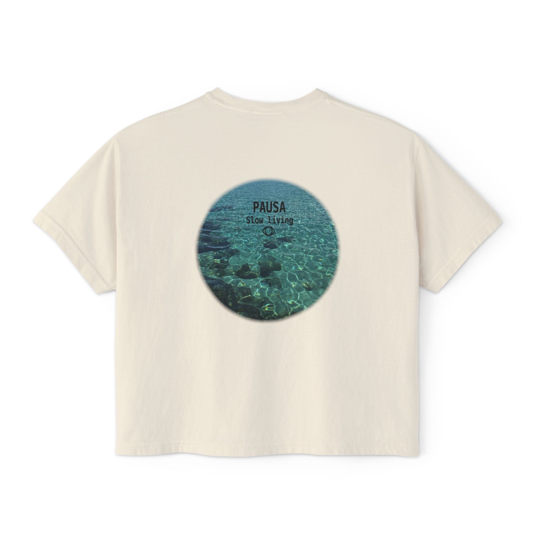 Pausa Slow Living Boxy Tee — Women's Relaxed Ocean Circle Graphic Shirt