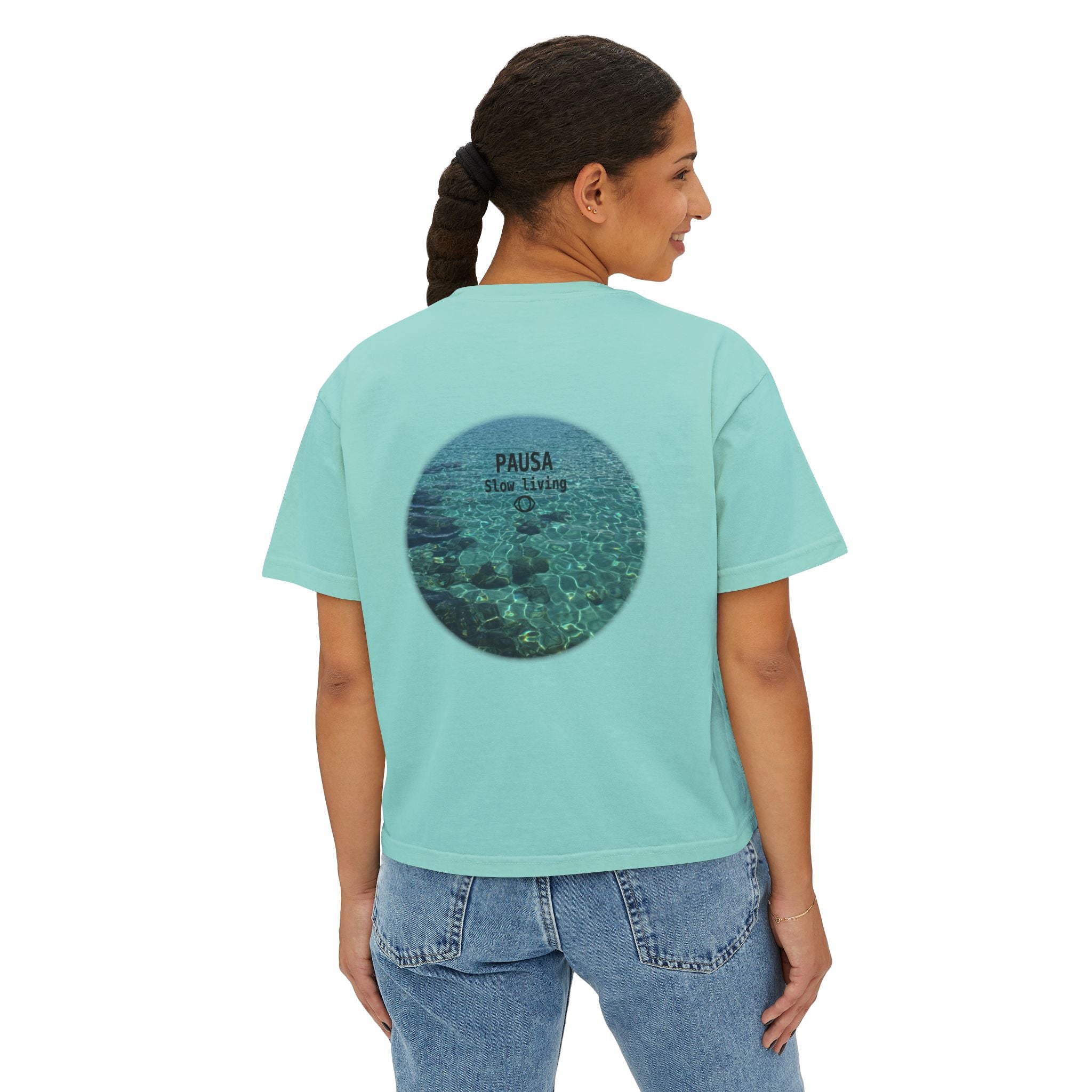 Pausa Slow Living Boxy Tee — Women's Relaxed Ocean Circle Graphic Shirt
