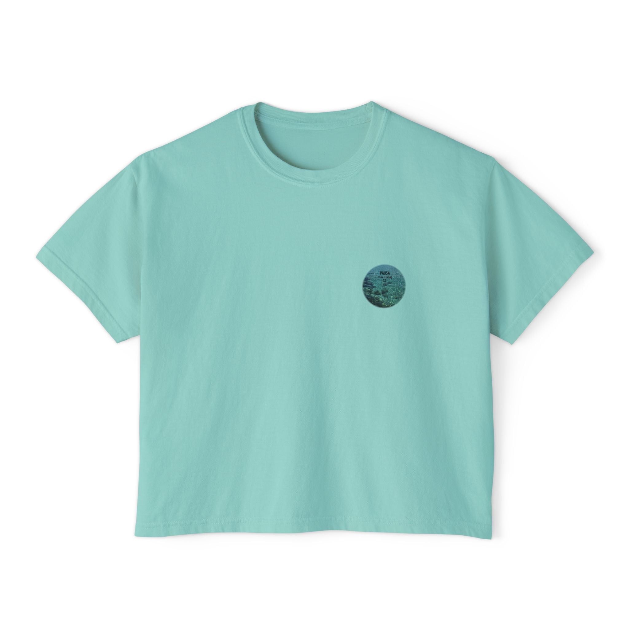 Pausa Slow Living Boxy Tee — Women's Relaxed Ocean Circle Graphic Shirt