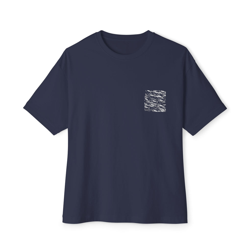Mermaid Calling Oversized Tee — Navy & Black Pocket & Back Print