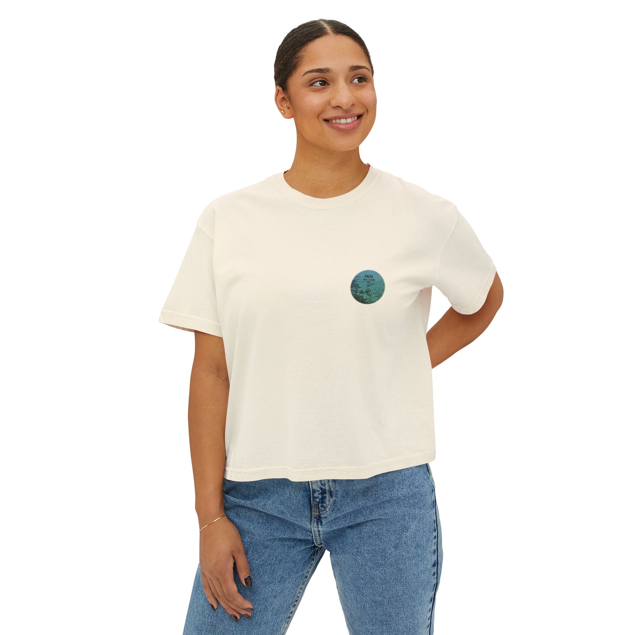 Pausa Slow Living Boxy Tee — Women's Relaxed Ocean Circle Graphic Shirt