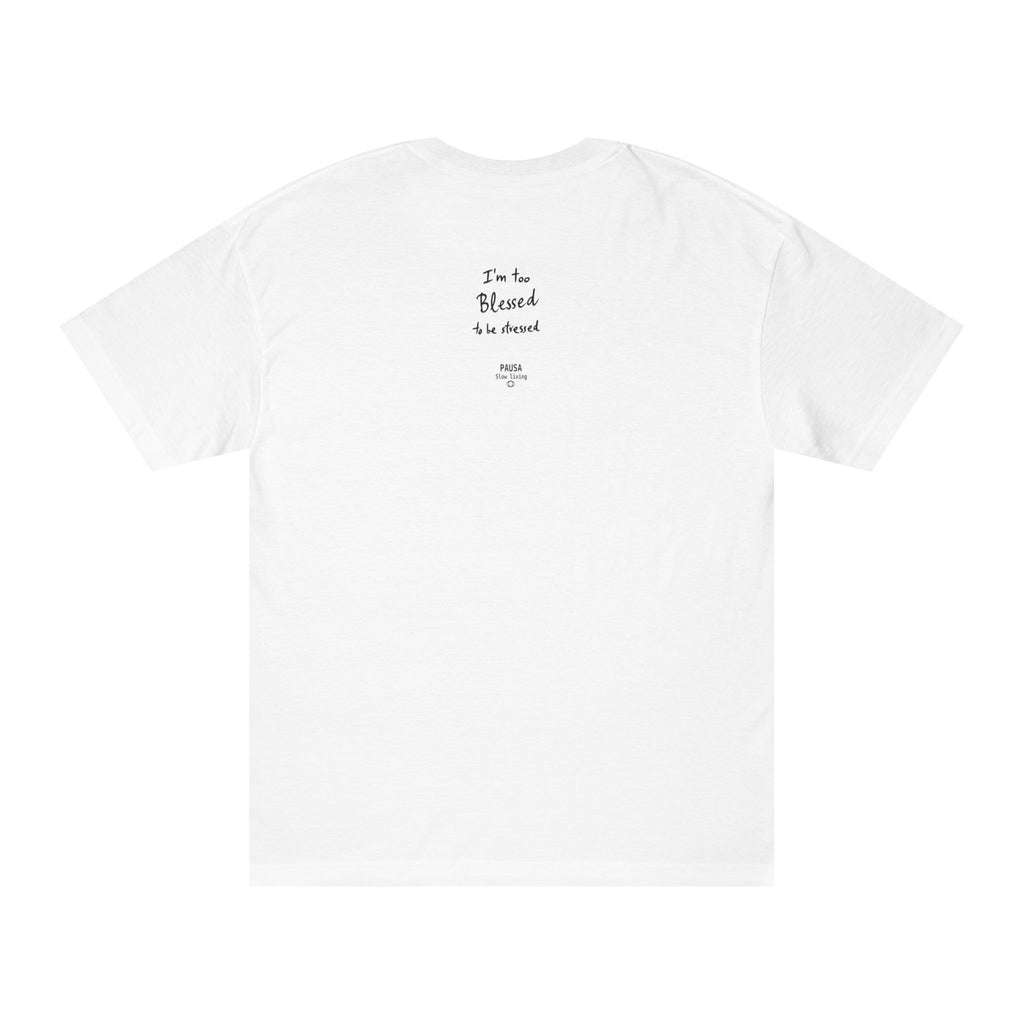 Blessed Tee — "I'm Too Blessed to Be Stressed" Minimal Religious Graphic Tee