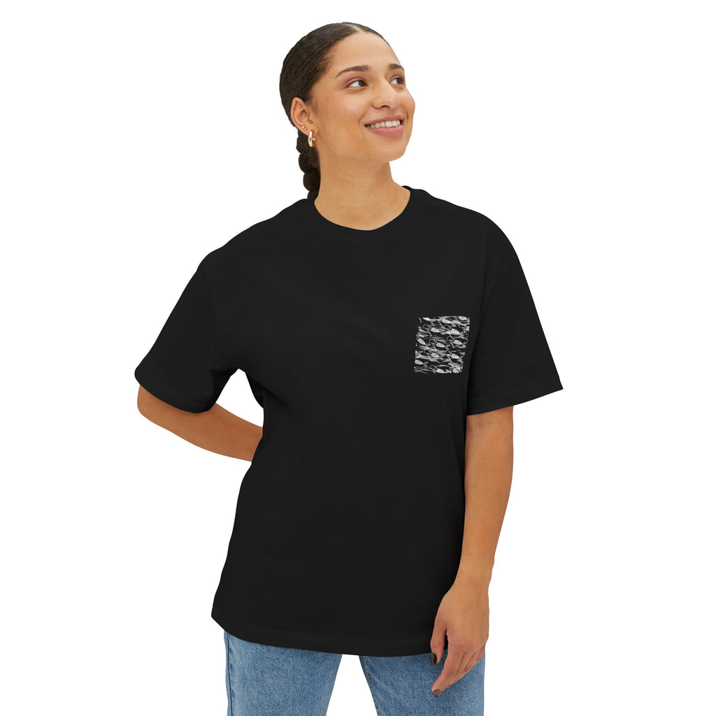 Mermaid Calling Oversized Tee — Navy & Black Pocket & Back Print